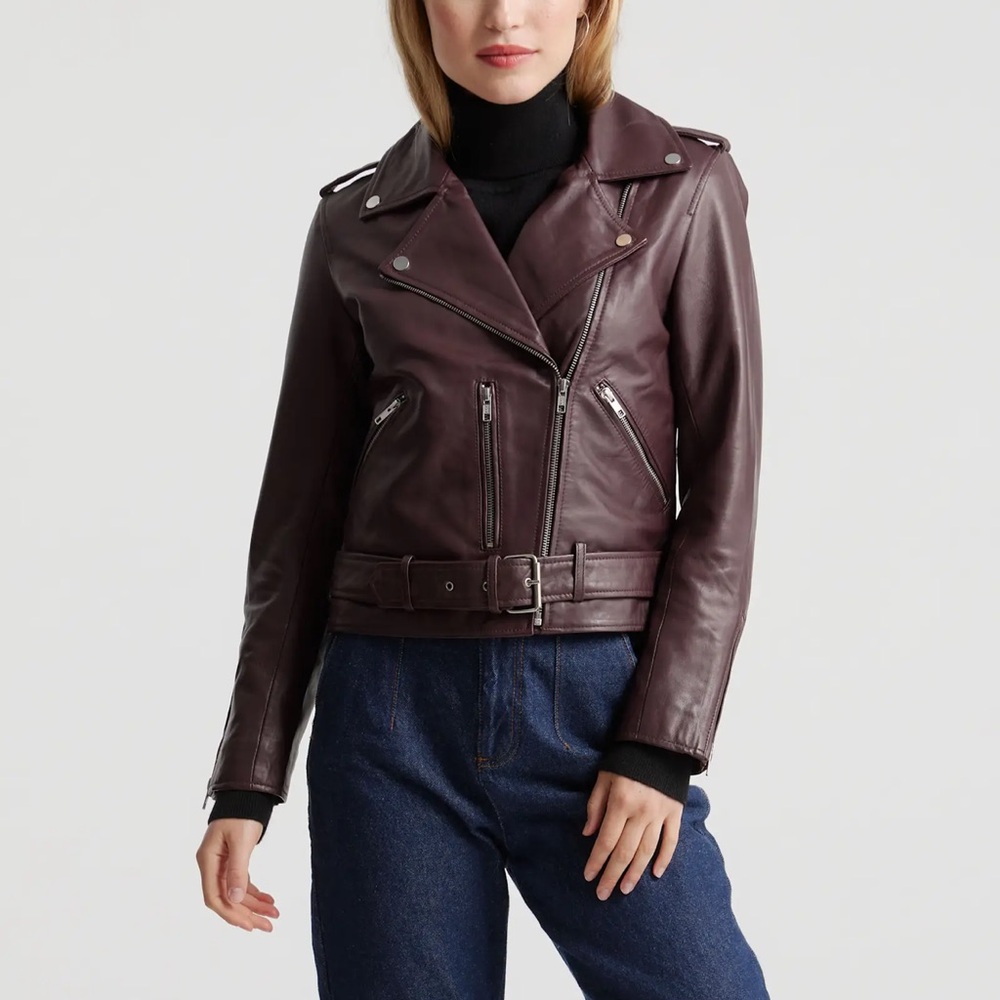 Quince “100% Leather Motorcycle Jacket” in Burgundy size Medium - Picture 4 of 10